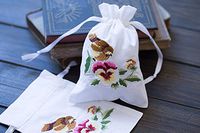 White 100% Cotton Sachet Bags Drawstring Ribbons Embroidery Birds Floral Leaf 5" x 7" Pack of 2
