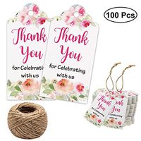 Floral Thank You for Celebrating with Us Tags 100Pcs White Thank You Tags for Wedding Favor Baby Shower Party Favors, Paper Gift Tags with 100 Feet Jute String