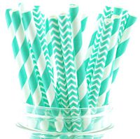 Blue Aqua Striped & Chevron Straws, Paper Drinking Straws, Dessert Table Wedding Party Straws (50 Pack) - Teal Aqua Blue Striped & Chevron Straws