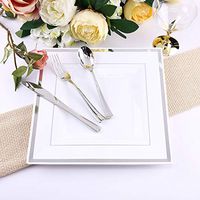 Tableclothsfactory 20 Pack 11" White Disposable Plates Square Plastic Plates Salad Dessert Plates With Shiny Gold Rim For Wedding Banquet