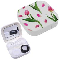 Portable Contact Lens Case Box Travel Kit Mirror + Bottle + Tweezers Container Holder [ Realistic Pink Tulips Petal ]