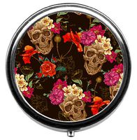 Skull and Flowers Pill Box/Pill case-Round Pill Box/case- Three-Compartment Pill Box/Pill case