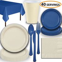 Disposable Party Supplies, Serves 40 - Cream and Blue - Large and Small Paper Plates, 12 oz Plastic Cups, Heavyweight Cutlery, Napkins, and Tablecloths. Full Two-Tone Tableware Set