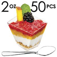 DLux 50 x 2 oz Mini Dessert Cups with Spoons, Asymmetrical - Clear Plastic Parfait Appetizer Cup - Small Disposable Reusable Serving Bowl for Tasting Party Desserts Appetizers - With Recipe Ebook
