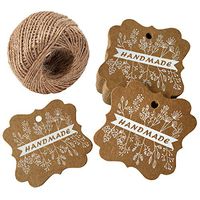 DOUKING 100 Pcs Handmade with Love Gift Tags, White Painted Handmade Gift Tags with String, Kraft Paper Gift Wrap Label Hang Tag for Wedding Party Favor, DIY Crafts (Handmade)