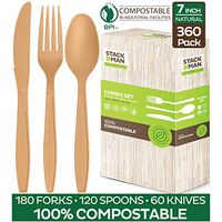 Stack Man Disposable Cutlery Set [360 Pack] 100% Compostable Plastic Silverware, Large Premium Heavy-Duty Flatware Utensils Eco Friendly BPi Certified, 7.5 Inch, Natural Wood Color Tableware
