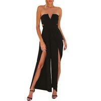 LONGDAY Women Summer Jumpsuit Strapless Top Off Shoulder Romper Elegant High Waist Side Split Pants Layered Top Cut Out Black