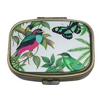 Value Arts Tropical Birds Pill Box, Brass and Glass, 2.25 Inches Long