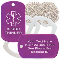 Custom 2 Pack - Blood Thinner Medical Alert ID Necklaces with Purple Custom Tags, Clear Silencers, and 30'' USA Chains