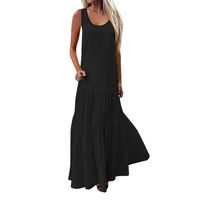 Sunhusing Women's Bohemian Casual Wind Long Maxi Dress Sleeveless Low Cut Ruffles Baggy Floor-Length Dress Black