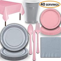 Disposable Party Supplies, Serves 40 - Silver and Light Pink - Large and Small Paper Plates, 12 oz Plastic Cups, Heavyweight Cutlery, Napkins, and Tablecloths. Full Two-Tone Tableware Set