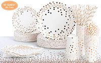 251PCS Rose Gold Disposable Paper Plates Party Supplies - Dinnerware Set with 50 Dessert Plates 50 Dinner Plates 50 9oz Cups 50 Straws 50 Napkins 1 Tablecloth Wedding Birthday Baby Shower