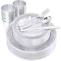 IOOOOO Silver Plastic Plates & Silverware & Cups, 150 PCS Clear Lace Design Dinnerware Set Includes 25 Dinner Plates, 25 Dessert Plates, 25 Tumblers, 25 Forks, 25 Knives, 25 Spoons