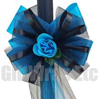 Large Black Tulle and Turquoise Ribbon Assembled Pew Bows - 10" Wide, Set of 6, Turquoise Roses, Church Wedding Decoration, Reception, Anniversary, School Dance, Birthday, Formal