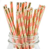 Paper Straws Coral & Rose Gold Foil Striped Pattern - Eco Friendly Wedding Straws - Dozens of Designs & Perfect For Any Party! Frozen Dessert Supplies - 50 Count