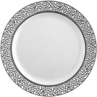 Royalty Settings Inspiration Collection Fancy Heavy Duty Plastic Plates for Weddings, Premium Hard Plastic Plates for Parties, White with Silver Rim, Set of 120, 10 inch Disposable Plastic Plates