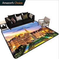 Bigdatastore European Paisley Door Mats Outdoor, Brussels Citscape with Monument Belgium Avenue Medieval in Gothic Style Print, Fashionable High Class Living Bedroom Rugs(4'x 6')