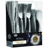 96 Pieces Silver Plastic Cutlery Silverware Extra Heavyweight Disposable Flatware, Full Size Cutlery Combo, Silver, 32 Forks, 32 Knifes, 32 Spoons
