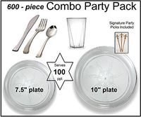 600-piece Combo Party Pack, Premium Plastic CLEAR Scroll Plates, Silver Cutlery, Clear Tumblers w/ Signature Party Picks - SERVES 100