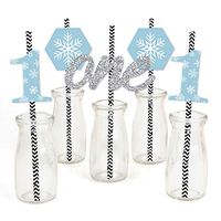 Big Dot of Happiness Onederland - Paper Straw Decor - Holiday Snowflake Winter Wonderland Birthday Party Striped Decorative Straws - Set of 24