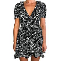 Sunhusing Women's Sexy V-Neck Short Sleeve Belt Bowknot Strappy Pleated Ruffled Polka Dot Print Short Dress(Black,L)