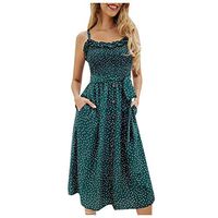 Kiminana Women Retro Polka Dot Print Holiday Dress Summer Ruffle Pleated Spaghetti Straps Dress Cold Shoulder Flowy Dress