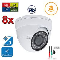 Evertech 8 Pcs. HD 1080P AHD TVI CVI and Analog CCTV Security Camera Indoor Outdoor Day Night Vision 2.8-12mm Manual Zoom Lens White Metal casing Security Surveillance Camera