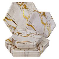 PARTY DISPOSABLE 432 PC DINNERWARE SET | 216 Dinner Plates | 216 Side Plates | Heavyweight Paper Plates | Hexagon Design | for Upscale Wedding and Dining (Marble Collection – Gold)