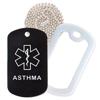 Asthma Medical Alert ID Necklace with Black Tag, White Silencer, and 30'' USA Chain - 154 Color Choices