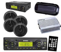 New Boat Yacht Radio USB AUX Input 4 Round Black Speakers w/Amp Cover Remote Kit