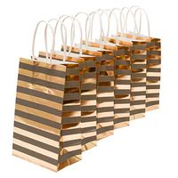 Small Size Gift Bags With Handles Grey Kraft Paper with Metallic Gold Foil Striped Hot Stamp Gray Bag For Christmas Holiday, Birthday Party, Wedding, Baby and Bridal Shower Bulk Pack (Set of 14)