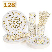 esonmus 128pcs Gold Dot Disposable Paper Plates&Cups Set, 32pcs 9oz Paper Cups +32pcs 7" Dessert Plates +32pcs 9" Dinner Plates +32pcs Paper Straws for Thanksgiving Christmas Baby Shower Wedding Party