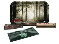 RAW Rolling Tray Small"Smokey Forest Trees", RAW Black 1 1/4 Rolling Papers, RAW Black King Size Slim, RAW Cigarette Roller, with Leaf Lock Gear Spill Proof Pouch - 5 Item Bundle