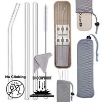 XTRAW Premium Reusable Glass Drinking Straws with Carrying Case and Protective Pouch Bag, Set of 3 With Protective Straw Stand, Cleaning Brush, Cleaning Cloth, Wheat Straw Plastic Travel Case, 7 inch