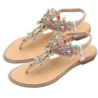 Muchy Women Summer Flat Sandals Bohemian Rhinestone Beaded Flip Flops Sandals Ankle Strap Thongs Clip Toe Slingback Sandals T-Strap Slip On Beach Walking Dress Shoes