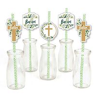 Baptism Elegant Cross - Paper Straw Decor - Religious Party Striped Decorative Straws - Set of 24