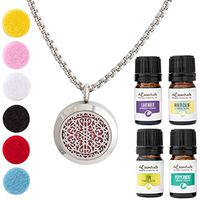 Wrought Iron Essential Oil Diffuser Necklace Stainless Steel Locket Pendant with 24" Chain+ 4 Essential Oils (Lavender, Peppermint, Inner Calm, Zen) Gift Set