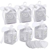 VGOODALL 100 Pcs Party Favor Box,Pearl White Paper Laser Cut Heart Gift Candy Box,Wedding Decoration with 100 Ribbon and 100 Blank Love Heart Tags