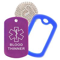 Blood Thinner Medical Alert ID Necklace with Purple Tag, Blue Silencer, and 30'' USA Chain - 154 Color Choices
