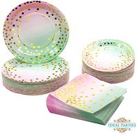 150 PCS Pink to Teal with Gold Dots Plates and Napkins Set 150 PCS - Dinner, dessert plates and napkins for Party, Bachelorette, Birthday, Baby shower, Wedding Shower and more! (Pink to Teal Ombre)