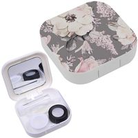 Portable Contact Lens Case Box Travel Kit Mirror + Bottle + Tweezers Container Holder [ Pink Flowers Leaves ]