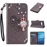 Amocase Wallet Case with 2 in 1 Stylus for Samsung Galaxy S10 Plus,3D Bling Gems Owl Magnetic Mandala Embossing Premium Strap PU Leather Card Slot Stand Case for Samsung Galaxy S10 Plus - Gray
