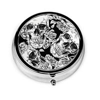 Skulls and Flowers Pill Box Organizer, Medicine Vitamin Holder with 3 Compartment, Portable Pill Case for Pocket Purse Travel Gift