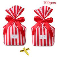 Red Stripe Clear Cello Bags 7.8in x 5.5in x 2.3in Candy Plastic Party cellophane Treat Bags,Pack of 100