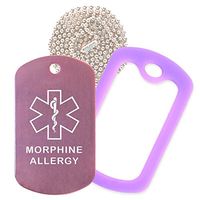 Morphine Medical Alert ID Necklace with Pink Tag, Purple Silencer, and 30'' USA Chain - 154 Color Choices