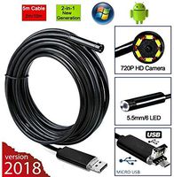 2 in 1 USB Endoscope Snake led Light Camera 5 Meter Semi-Rigid Borescope Inspection Waterproof Black