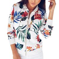 Women Ladies Floral Print Stand Collar Zipper Jacket Outwear (2XL, White)