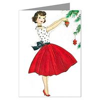 Twelve 3.5x5 Vintage Holiday Note Cards In A Boxed Set Of An Illustrated 50's Woman With Red Dress Hanging A Merry Christmas Ornament