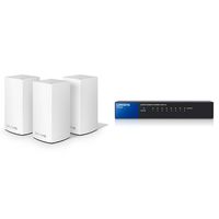 Linksys Velop AC1300 Dual-Band Whole Home WiFi Intelligent Mesh System, 3-pack/5+ bedrooms with Linksys 8-Port Metallic Gigabit Switch (SE3008)