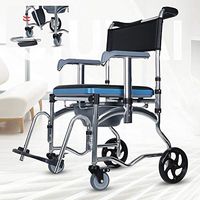 Commode Elderly Toilet Chair with Wheels - Adult Bedside Adjustable Height Handrail - Folding footrest - Home Care Wheelchair - Aluminum - Urinal Bucket - Black - Maximum Load 250kg